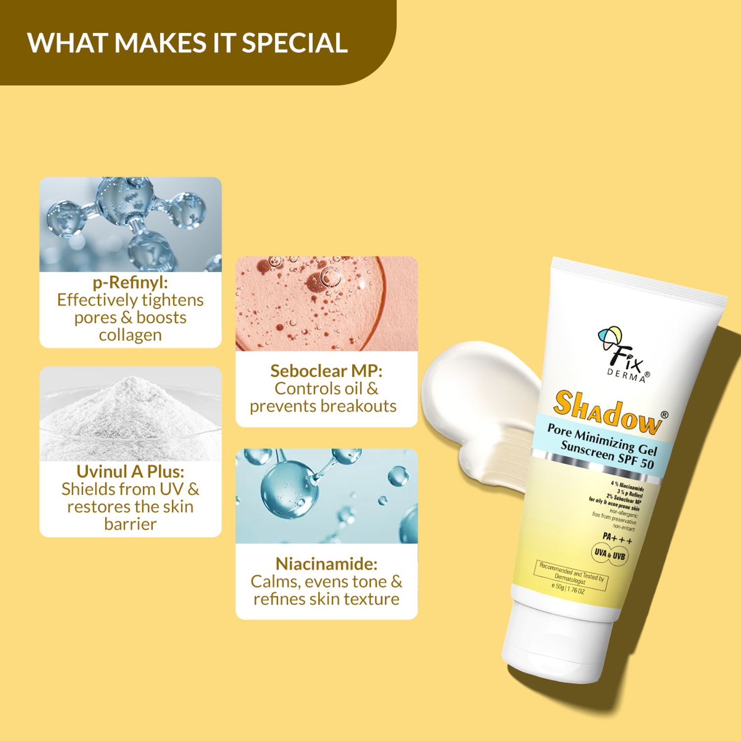 Image of Fixderma Sunscreen - SPF 50 PA+++ Shadow Shadow Pore Minimizing Gel Sunscreen SPF 50 PA+++ with 4% Niacinamide