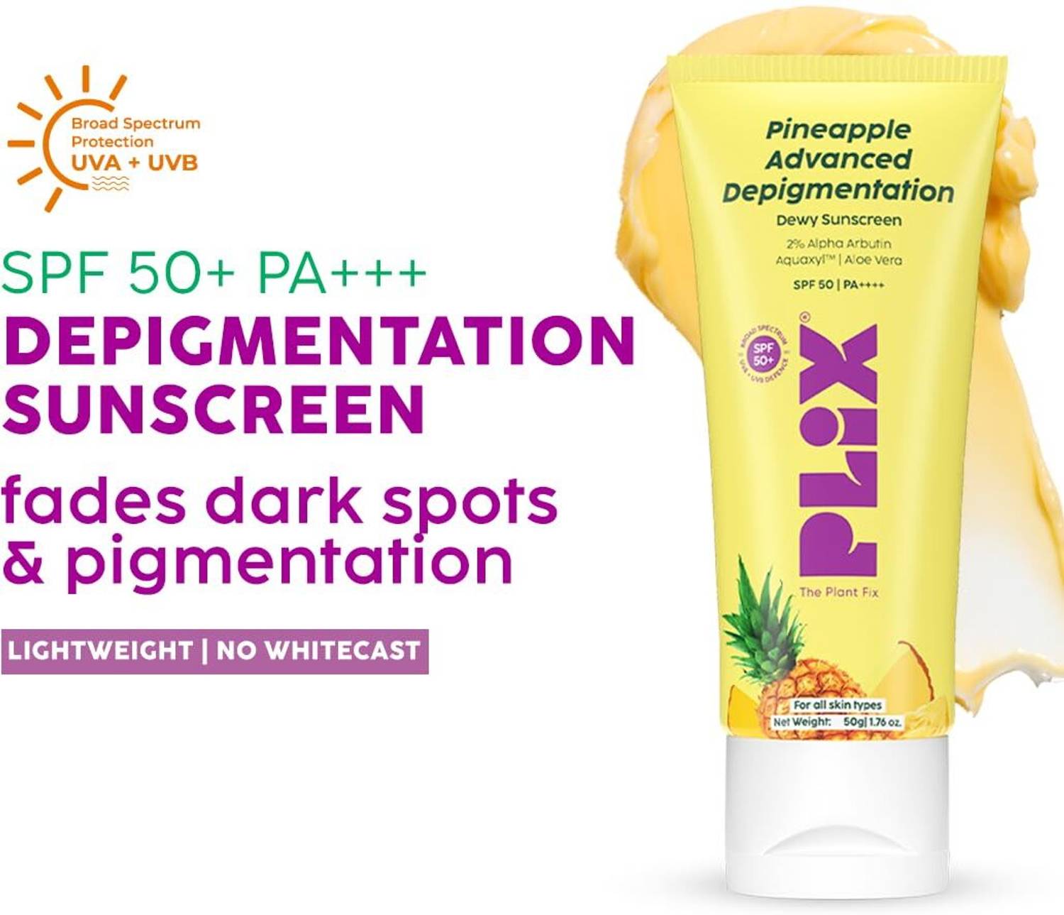 Plix Pineapple Dewy Sunscreen SPF 50 PA++++ 50ml - Image 2