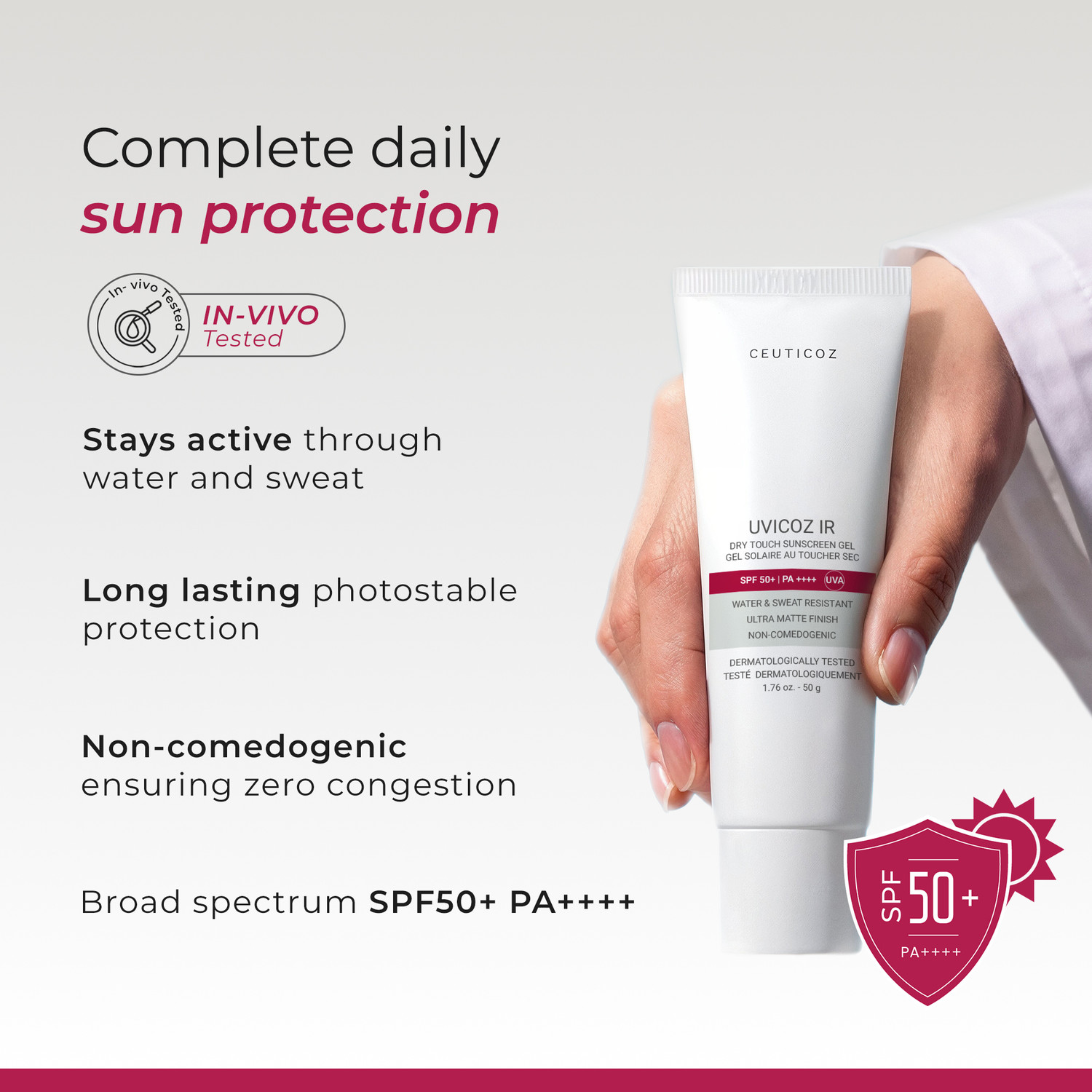 Image of CEUTICOZ Sunscreen - SPF 50+ PA++++ Uvicoz IR Dry Touch Sunscreen Gel with UV & IR Protection and Matte Finish