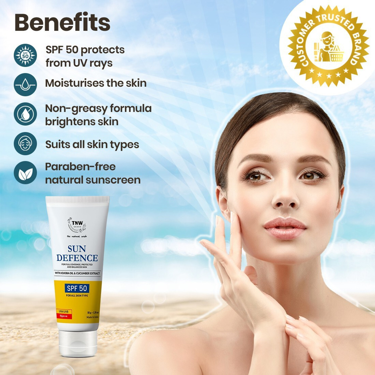 Image of TNW - The Natural Wash Sunscreen - SPF 50 PA++ Set of 2 Sun Defence SPF 50 Cream PA+++ | Non-Greasy, UV Protection
