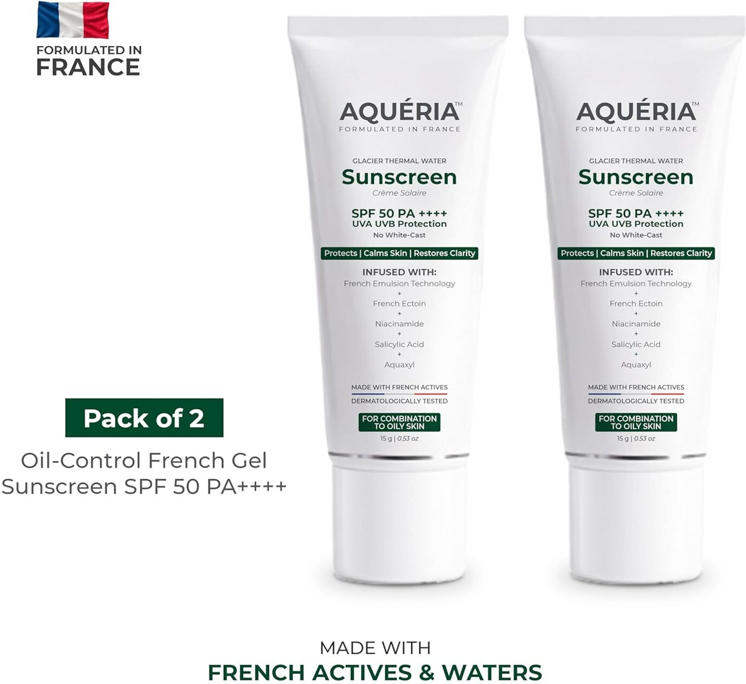 Image of Aqueria Sunscreen - SPF 50 PA++++ Oil Control Brightening French Multi-Active SPF | 2% Niacinamide, Salicylic Acid
