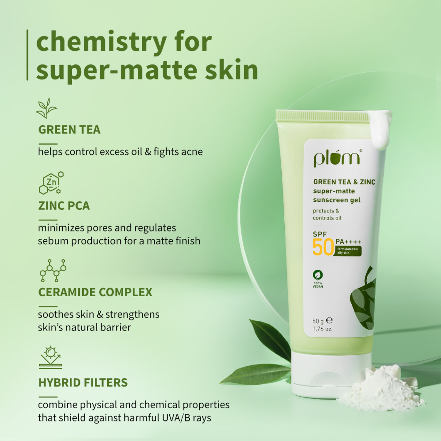 Image of Plum Sunscreen - SPF 50 PA++++ Green Tea & Zinc Super-Matte Sunscreen Gel |For Oily Skin (50g x 2)