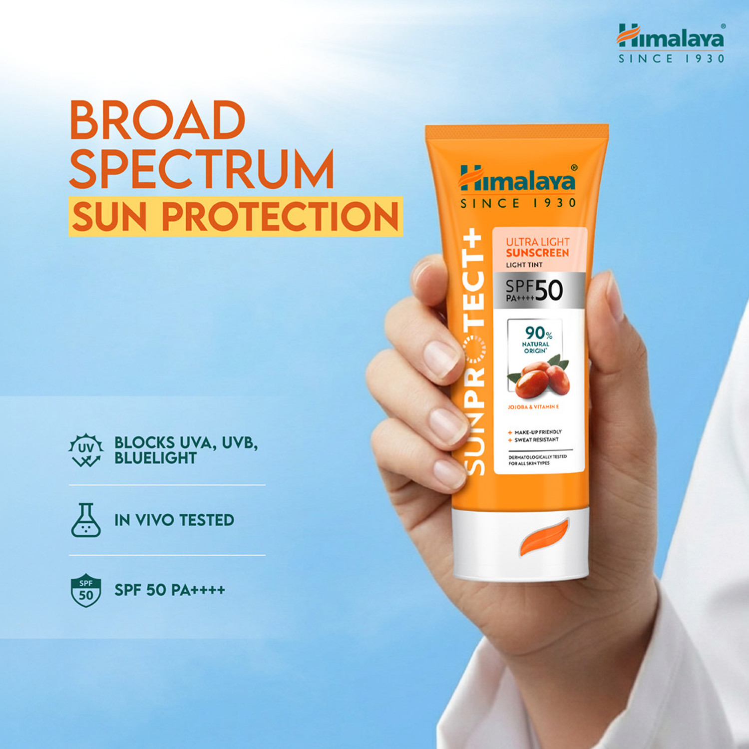 Image of HIMALAYA Sunscreen - SPF 50 PA++++ Sun Protect+ Ultra Light Sunscreen Light Tint (50 g)