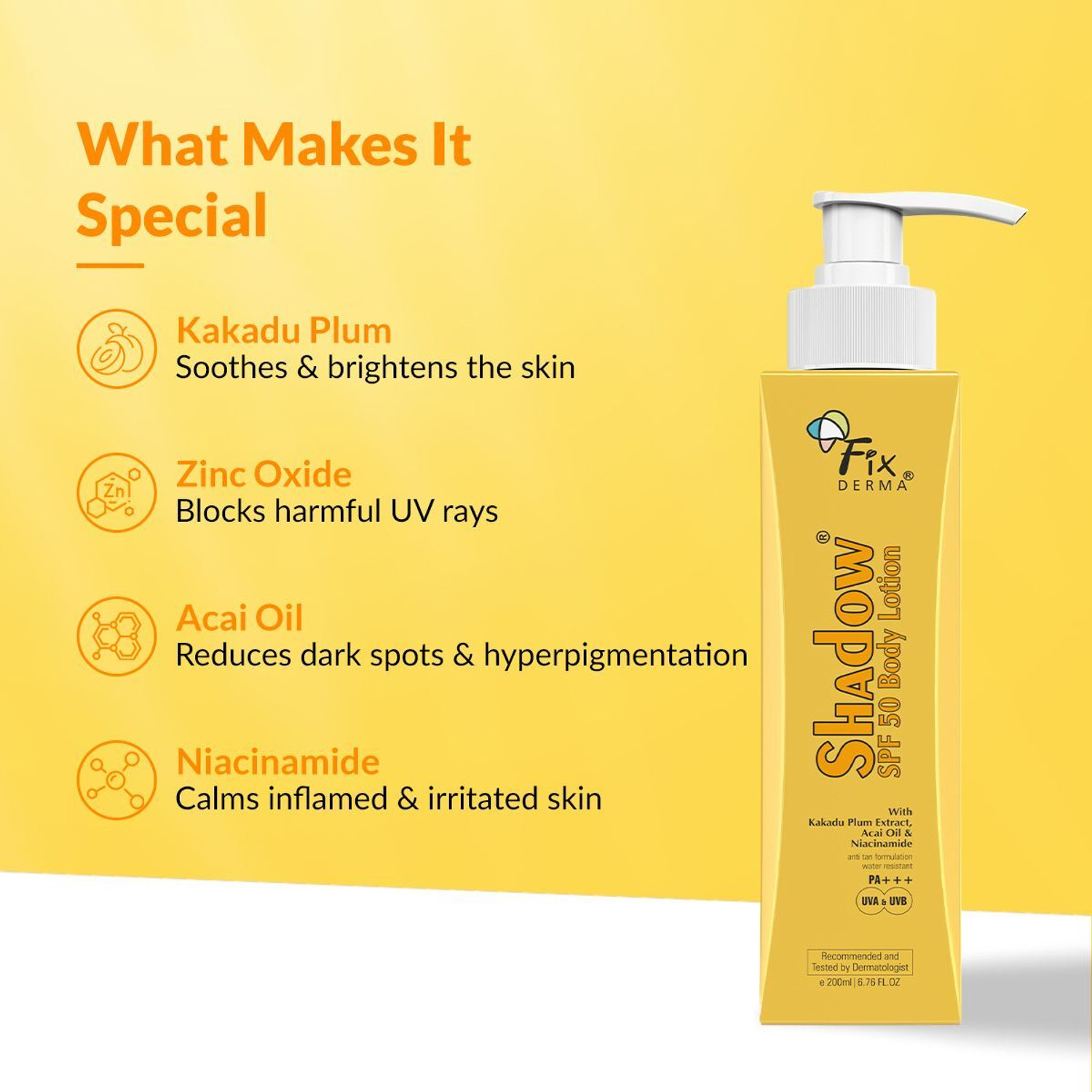 Image of Fixderma Sunscreen - SPF 50 PA+++ 2% Niacinamide Shadow Sunscreen Body Lotion SPF 50, Lightweight & No White Cast