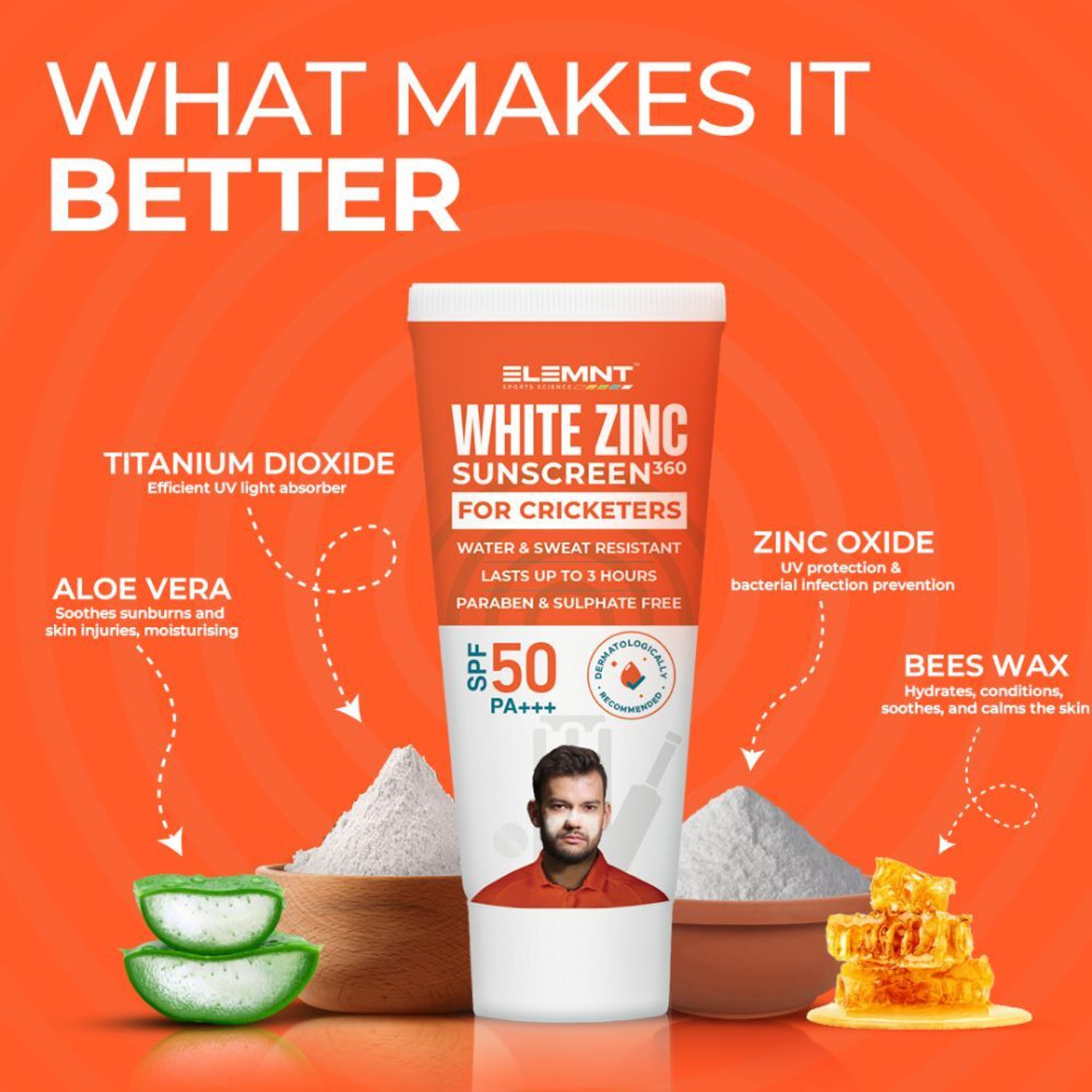 Image of Elemnt Sports Science Sunscreen - SPF 50 PA+++ Zinc Sunblock 360 - White Zinc Oxide Sunscreen for Cricketers & Athletes