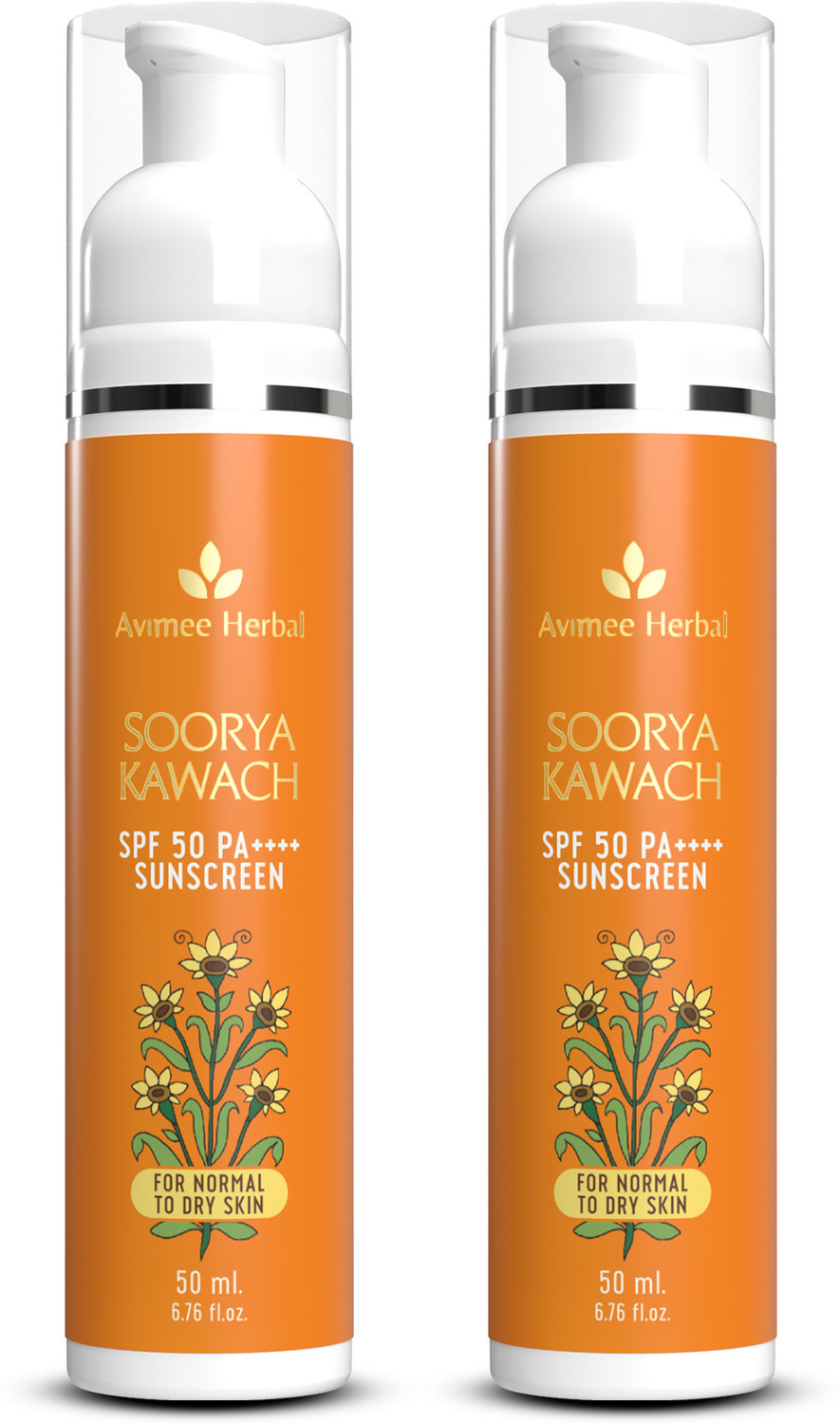 Avimee Herbal Sunscreen - SPF 50 PA++++ Soorya Kawach Sunscreen | Non-Greasy, Lightweight | 2*50ml