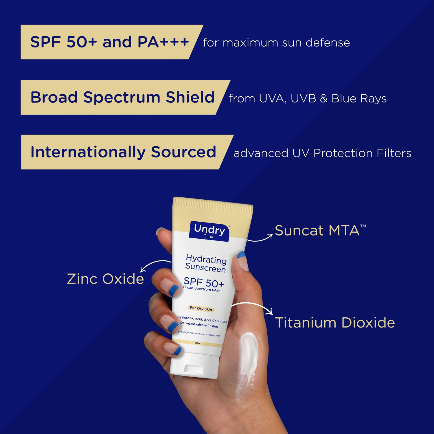 Image of Undry Sunscreen - SPF 50+ PA+++ Sunscreen Hydrating for Dry Skin (50g) Lightweight, & Broad Spectrum Pack of 3