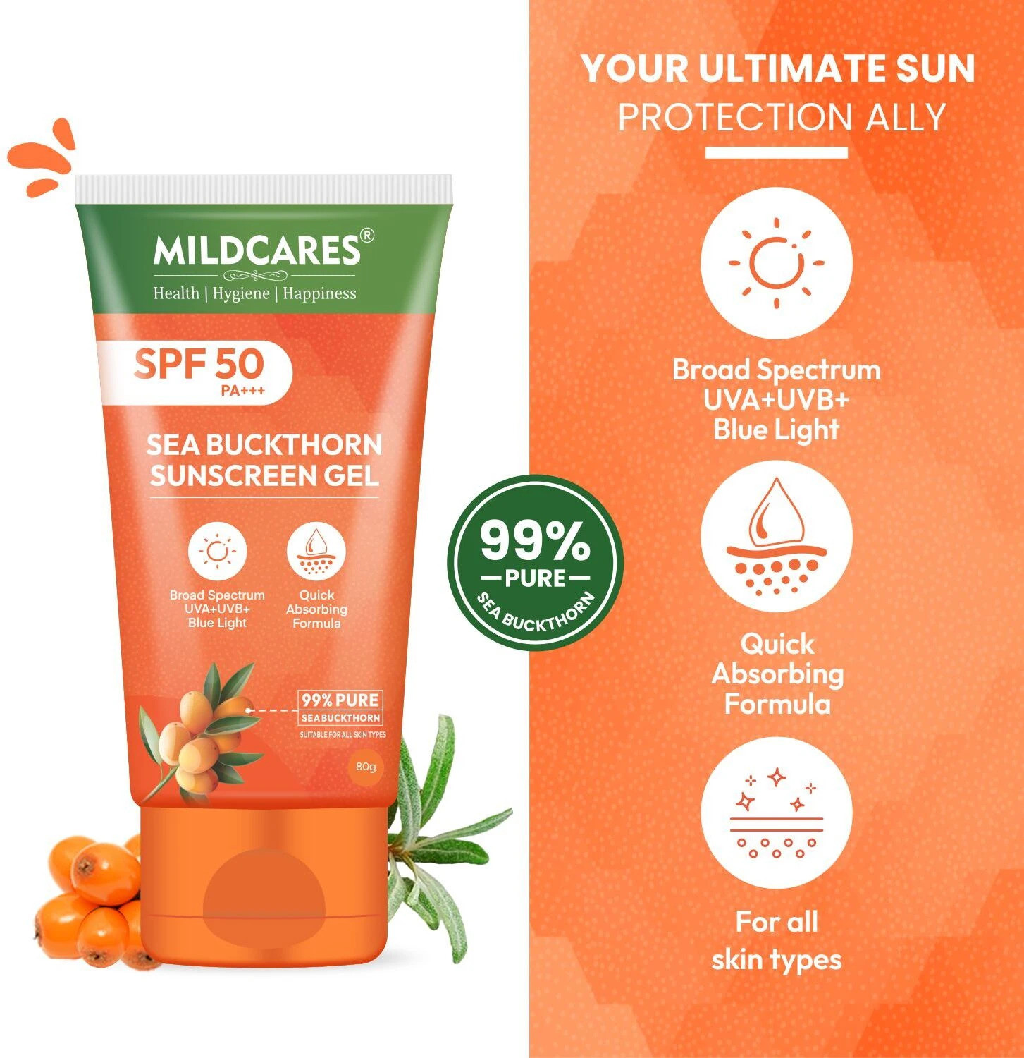 Image of MILDCARES Sunscreen - SPF 50 Pure Sea Buckthorn Sunscreen Gel | Lightweight, Non-Sticky | No White Cast | PA+++ SPF 50 | Broad Spectrum Sun Protection | Suitable for All Skin Types | Daily Use