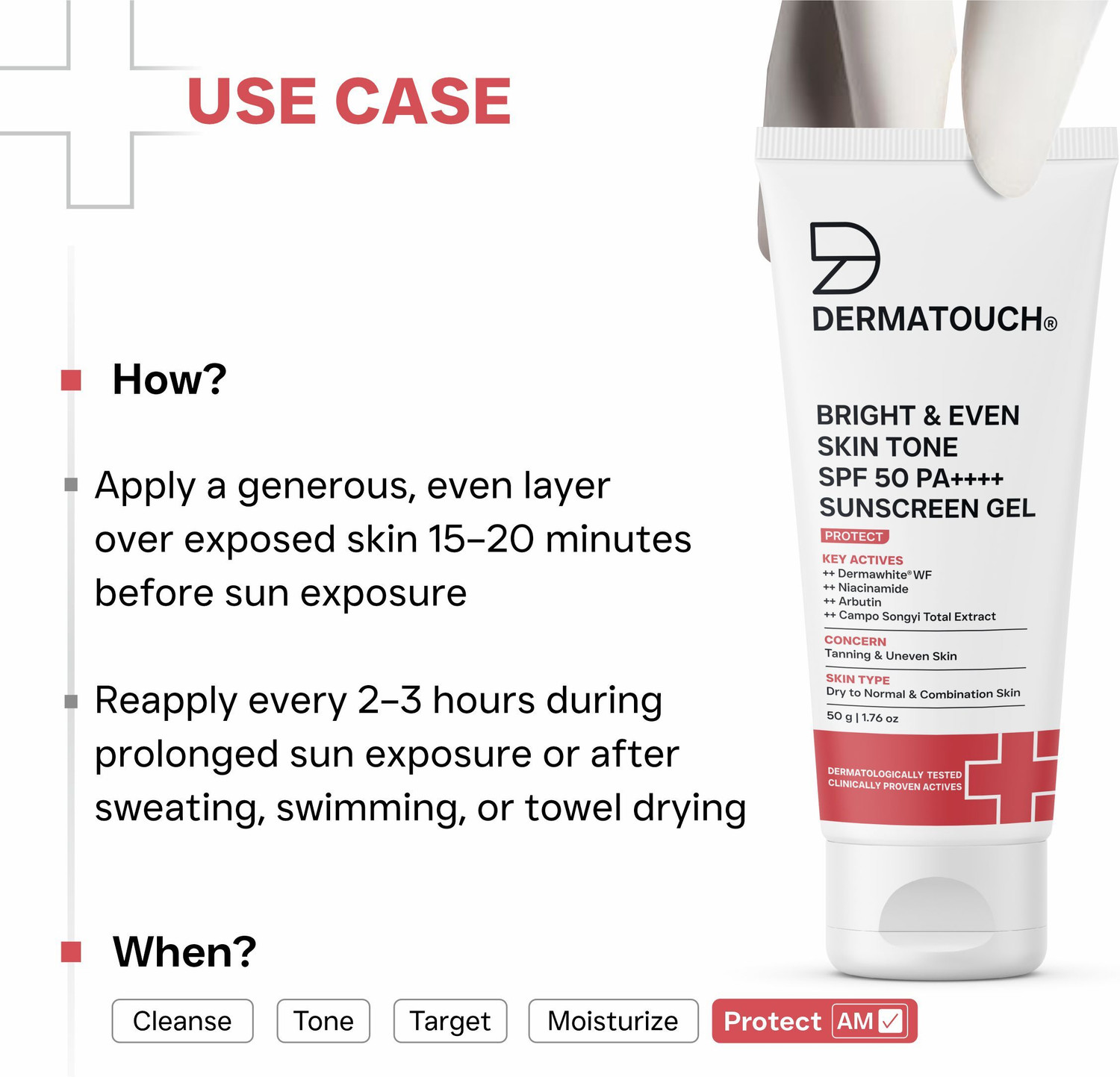 Image of Dermatouch Sunscreen - SPF 50 PA++++ Bright & Even Skin Tone Sunscreen Gel Cream for Tanning & Uneven Skin Tone