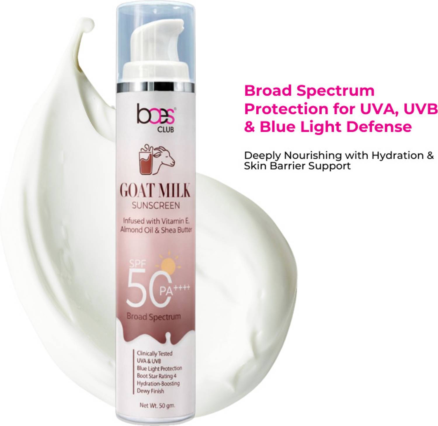 baes club Sunscreen - SPF 50 PA++++ Goat Milk Sunscreen | SPF 50 | PA++++ With Vitamin E, Shea butter & Almond Oil