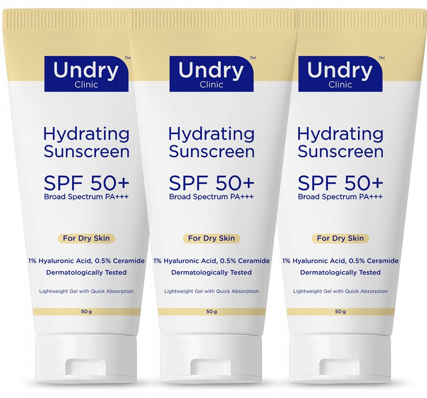 Image of Undry Sunscreen - SPF 50+ PA+++ Sunscreen Hydrating for Dry Skin (50g) Lightweight, & Broad Spectrum Pack of 3
