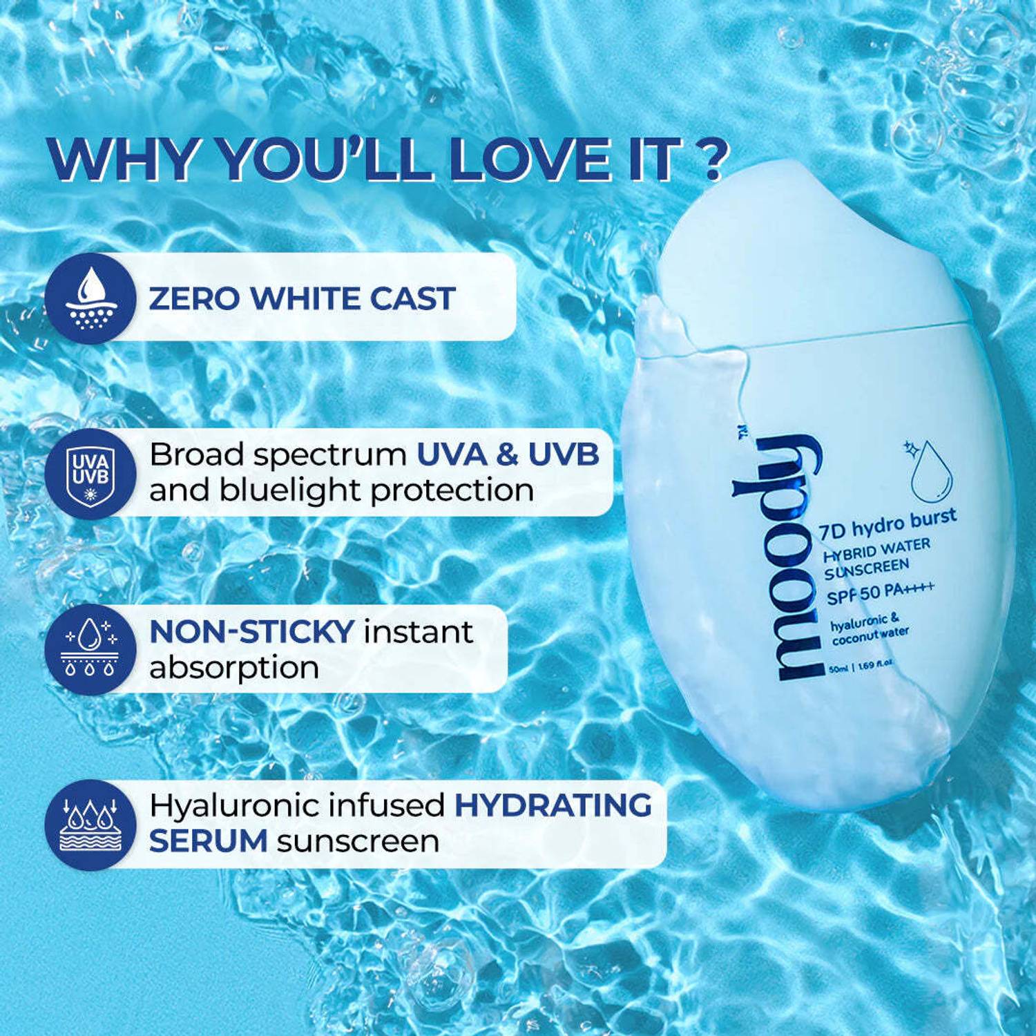 MOODY Sunscreen SPF 50 PA+++ 7D Hydro Burst 50ml - Image 2