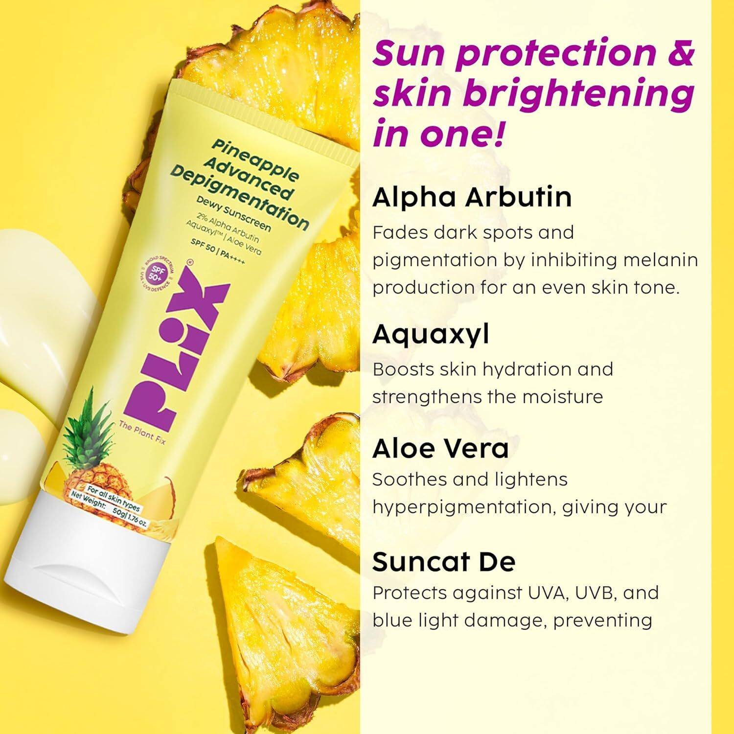 Plix Pineapple Dewy Sunscreen SPF 50 PA++++ 50ml - Image 5