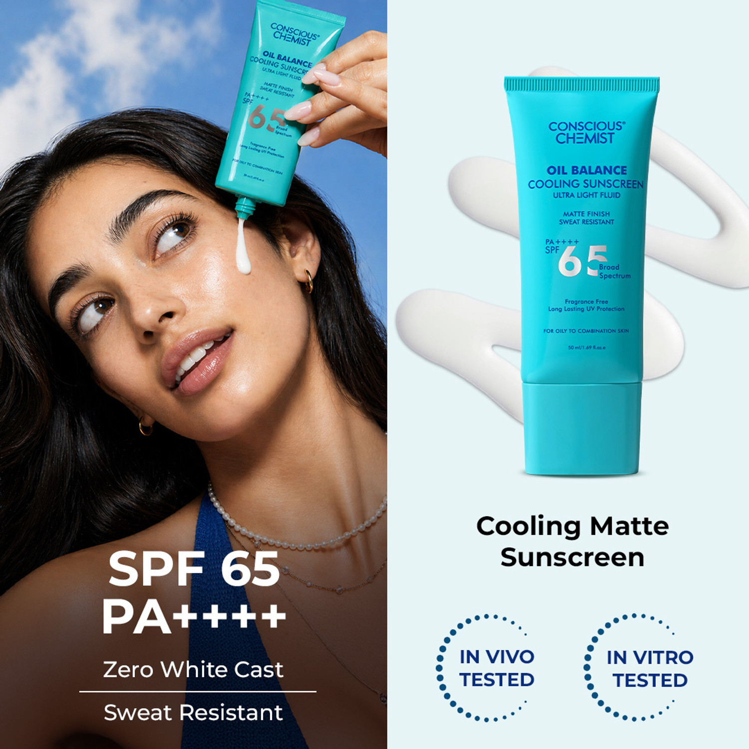 Image of Conscious Chemist Sunscreen - SPF 65 PA++++ Cooling Sunscreen SPF65 PA++++| Niacinamide, Hyaluronic acid, UVA /UVB Protection