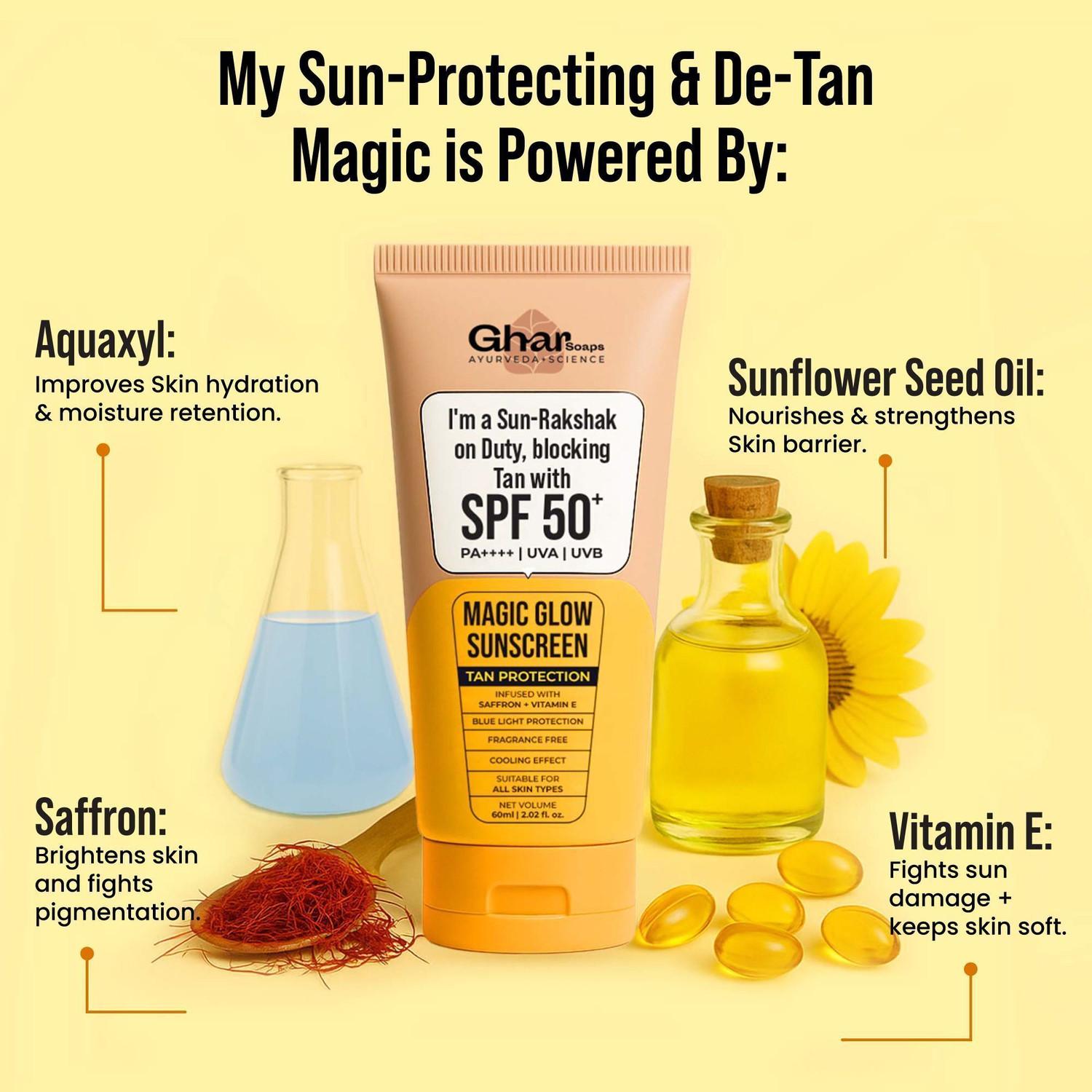 Image of Ghar Soaps Sunscreen - SPF 50 PA++ Magic Glow Sunscreen, SPF 50+ UVA /UVB Protection, Saffron & Vitamin E, 60ml