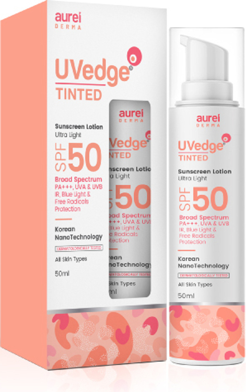 Image of Aurelderma Sunscreen - SPF 50 PA+++ Uvedge tinted sunscreen lotion ultra light SPF 50 (50ml)