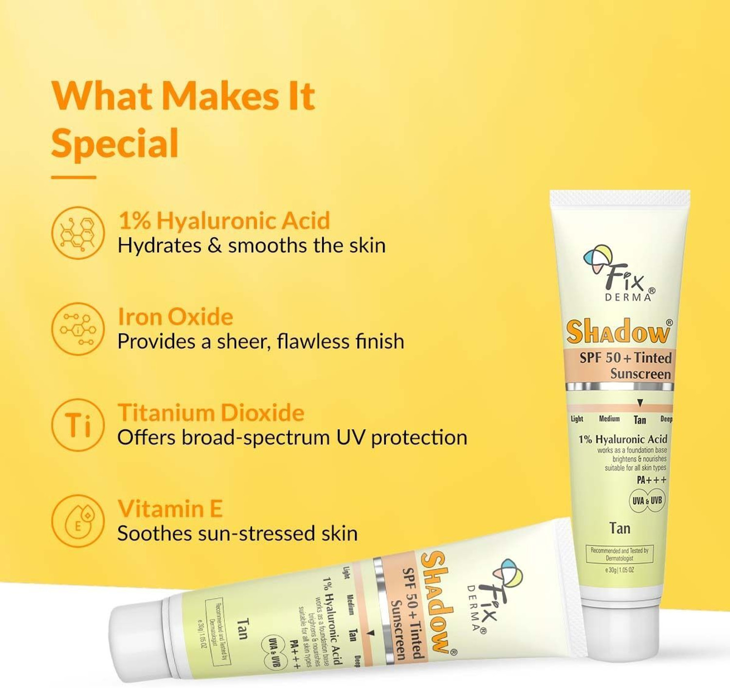 Image of Fixderma Sunscreen - SPF 50 PA+++ Shadow Tinted Sunscreen Tan SPF 50 PA+++ Sunscreen With Vitamin E