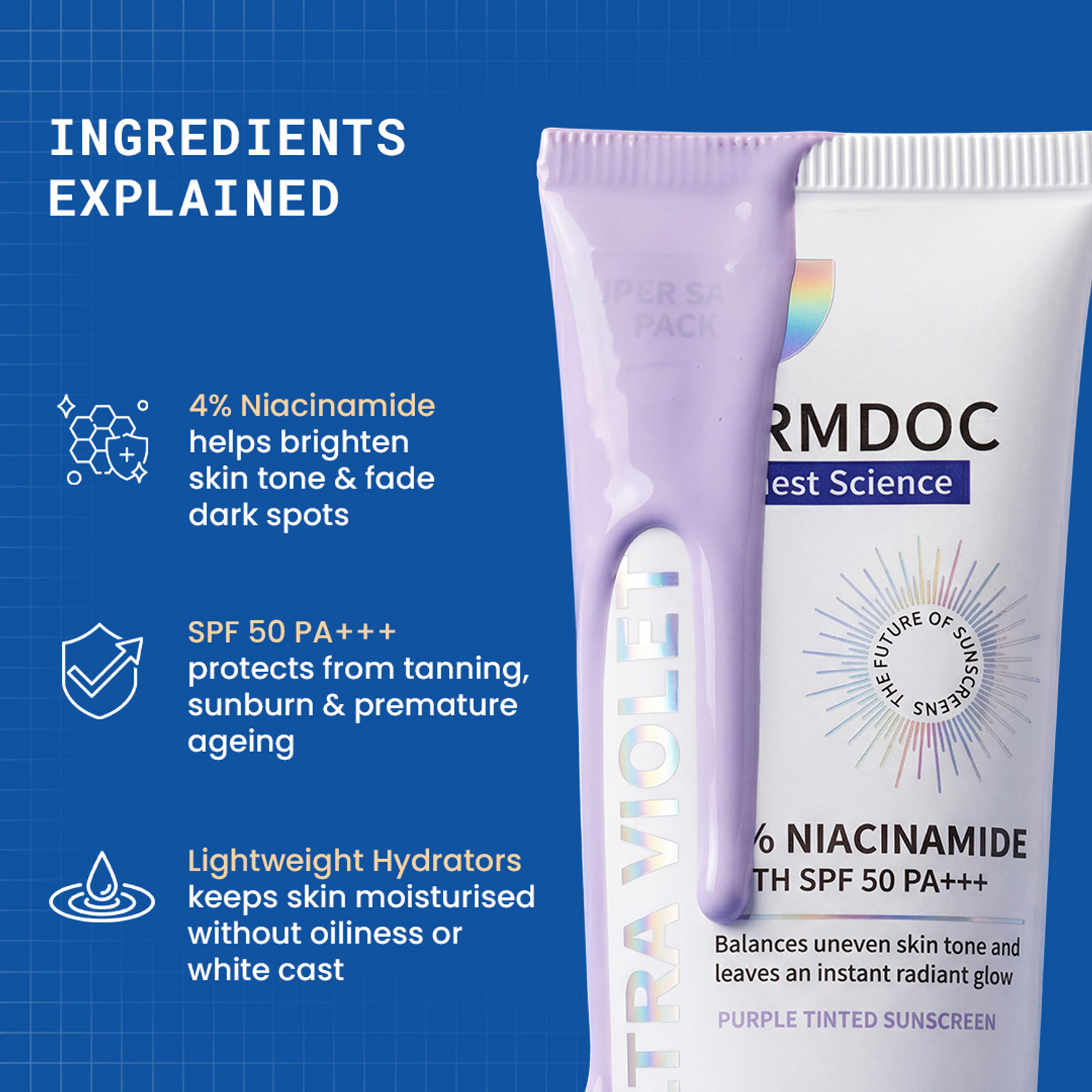 Image of DermDoc Sunscreen - SPF 50 PA+++ Ultra Violet Purple Brightening Sunscreen with 4% Niacinamide