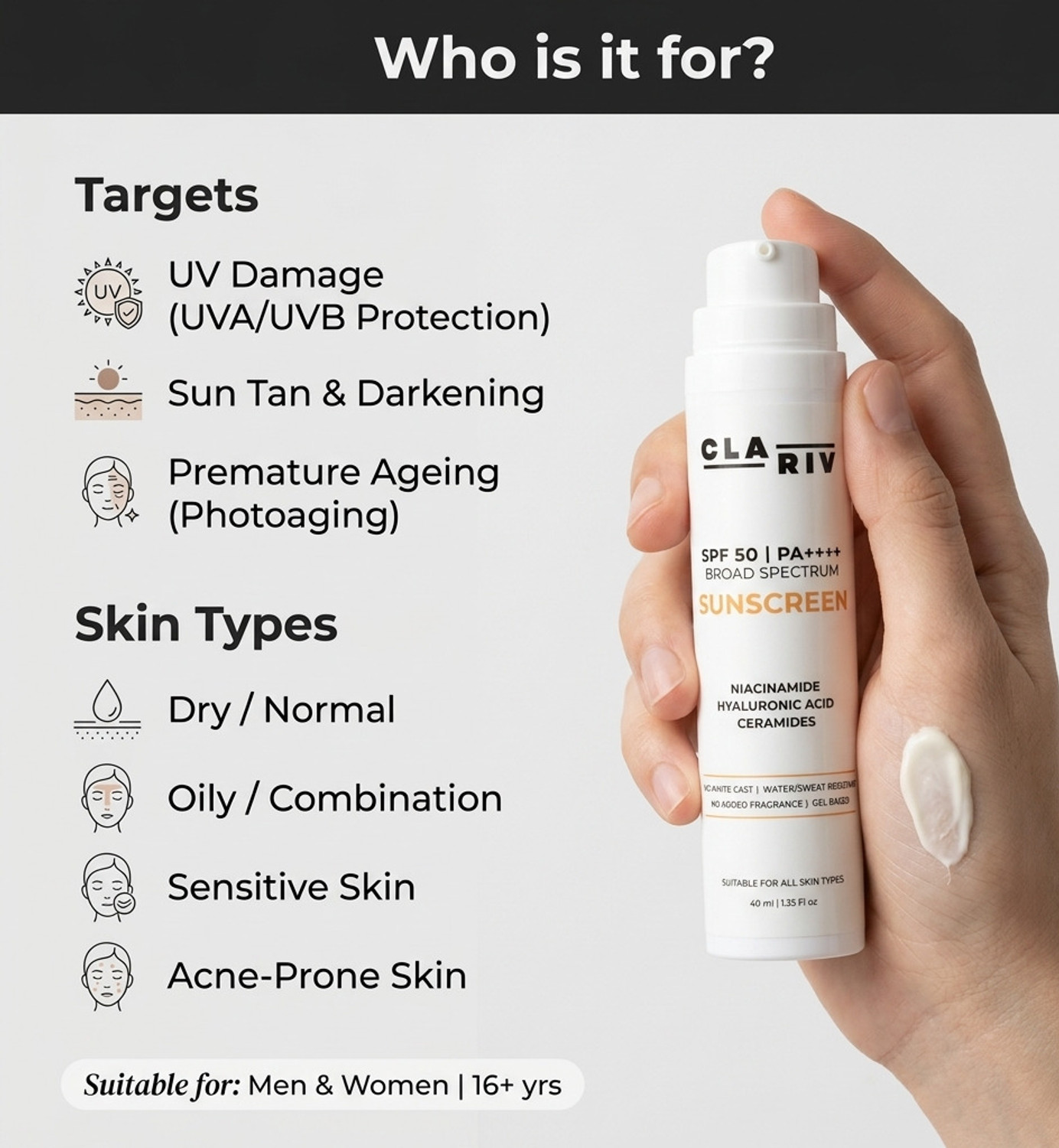 Image of CLARIV Sunscreen - SPF 50 PA++++ SPF 50 Sunscreen for Face & Body Broad Spectrum Sun Protection