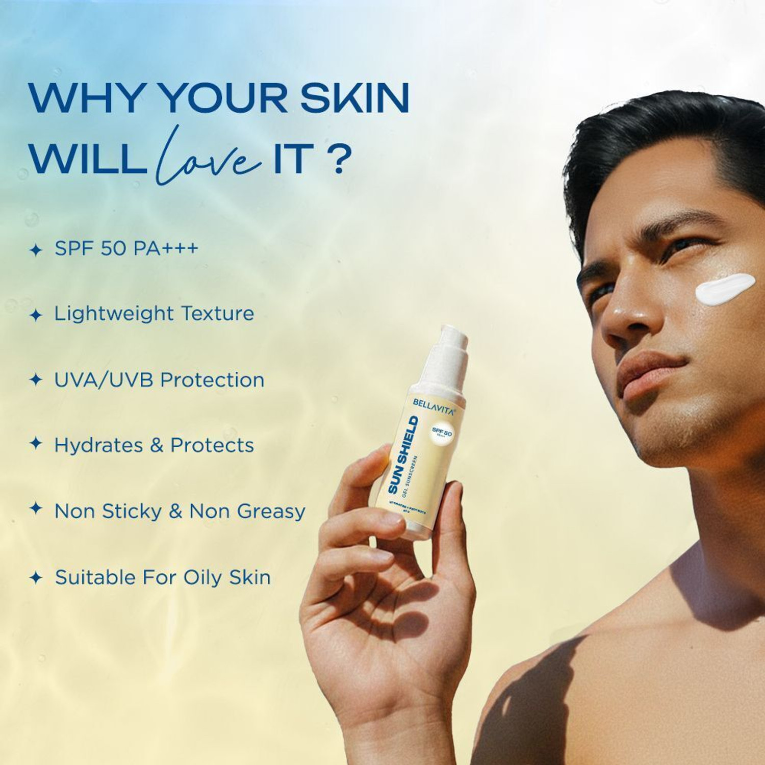 Image of BELLAVITA Sunscreen - SPF 50 PA++++ Sun Shield Gel Sunscreen Lightweight, Non-Sticky Gel | Hydrates & Protects Skin