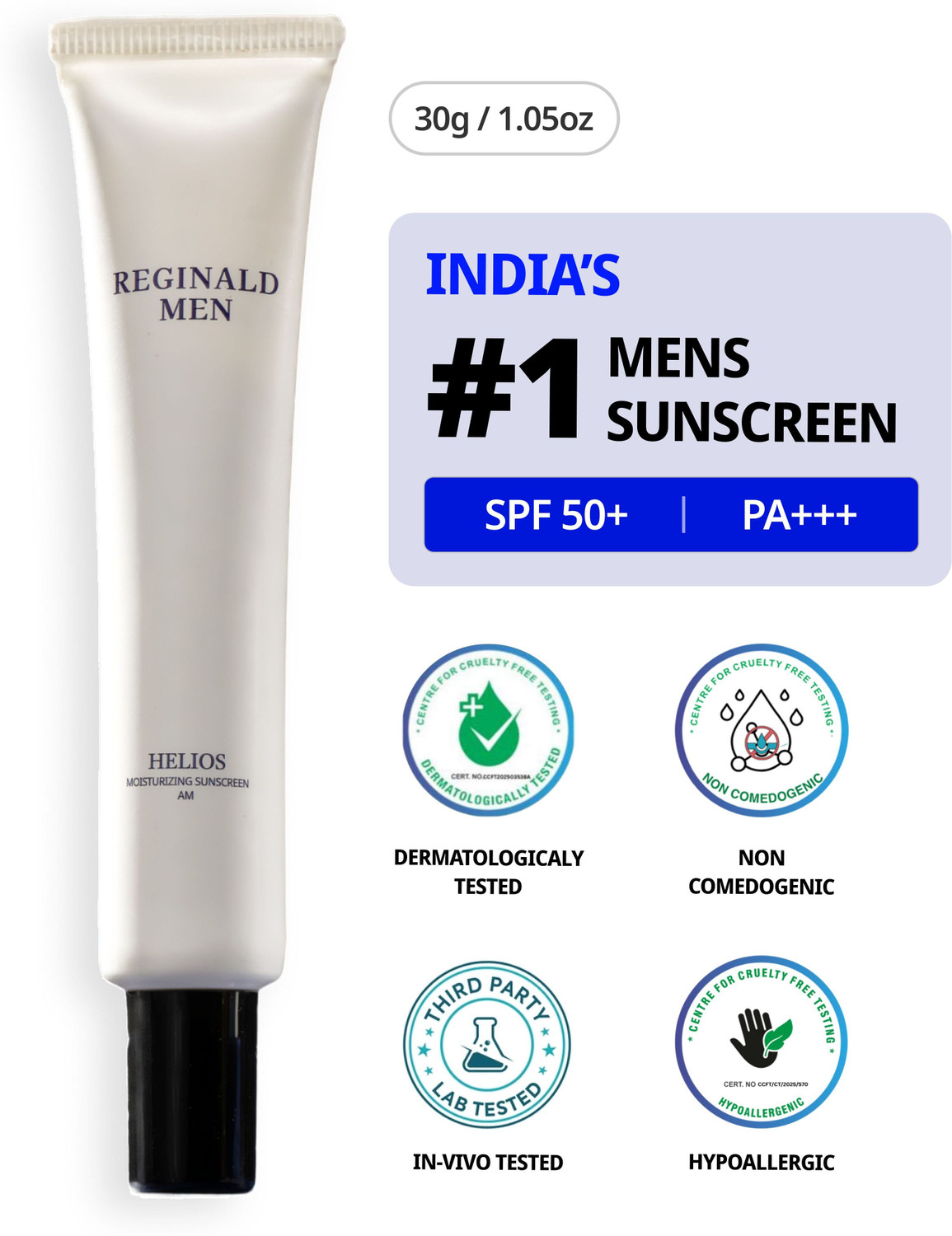 Image of Reginald Men Sunscreen - SPF 50 PA++++ Moisturising Sunscreen SPF 50+ PA++++ with 11 Actives