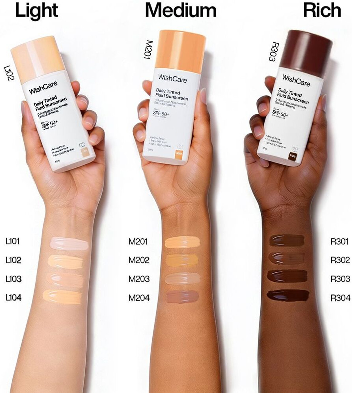 Image of WishCare Sunscreen - SPF 50 PA++++ Daily Fluid Tinted Sunscreen |L102|All Skin Type| InVivo Tested|Evens & Protects