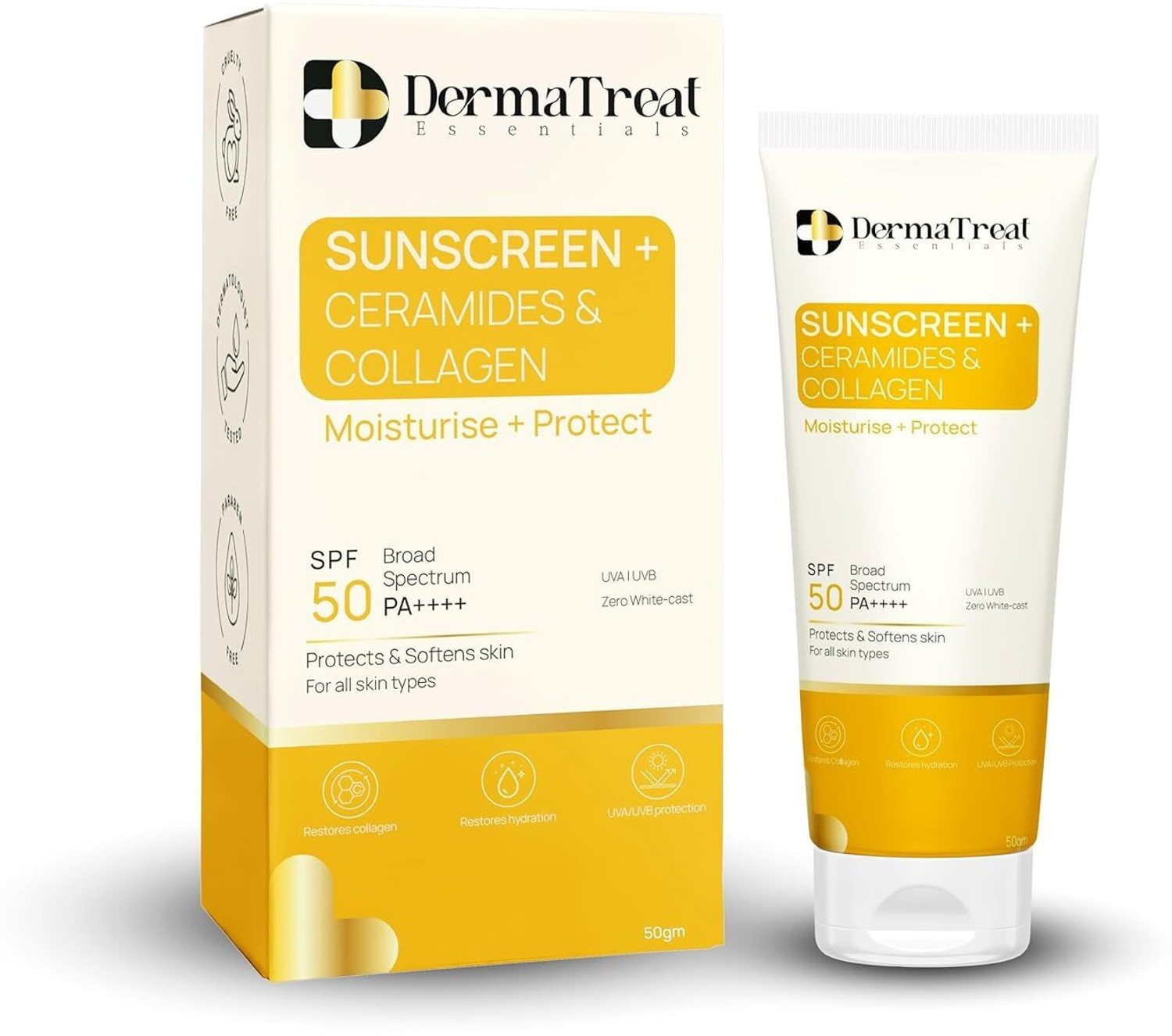 Image of DermaTreat Essentials Sunscreen - SPF 50 PA++++ Broad Spectrum Sunscreen with Ceramides & Collagen | UVA & UVB Protection