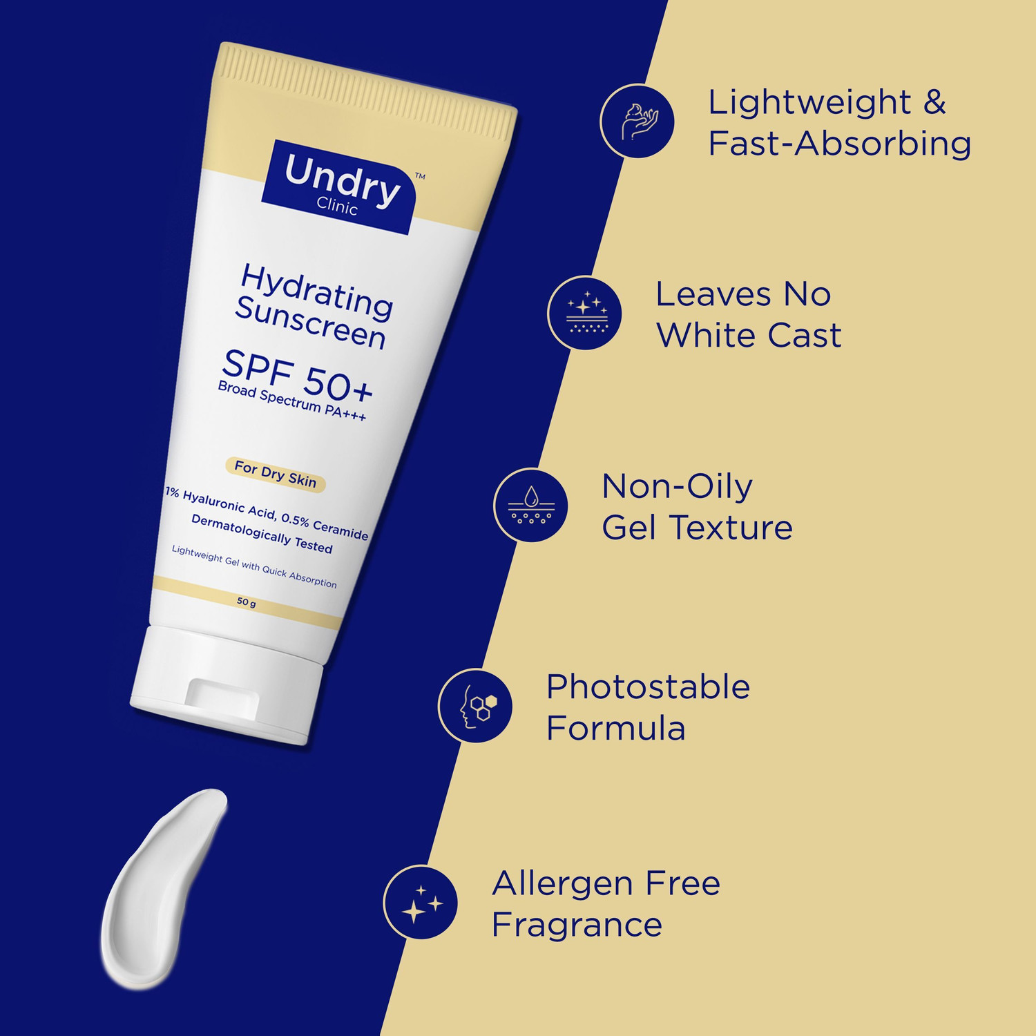 Image of Undry Sunscreen - SPF 50+ PA+++ Sunscreen Hydrating for Dry Skin (50g) Lightweight, & Broad Spectrum Pack of 3