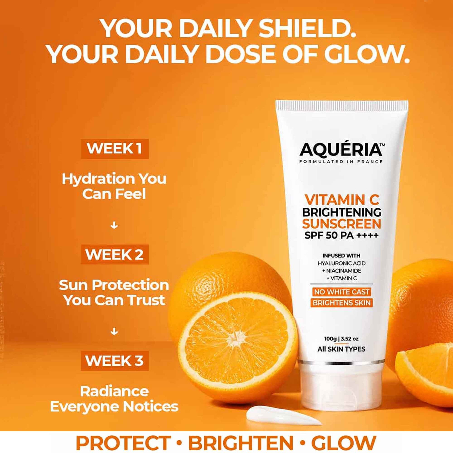 Image of Aqueria Sunscreen - SPF 50 PA++++ 3-in-1 Bright Detan Sunscreen | Vitamin C, Niacinamide & Hyaluronic Acid