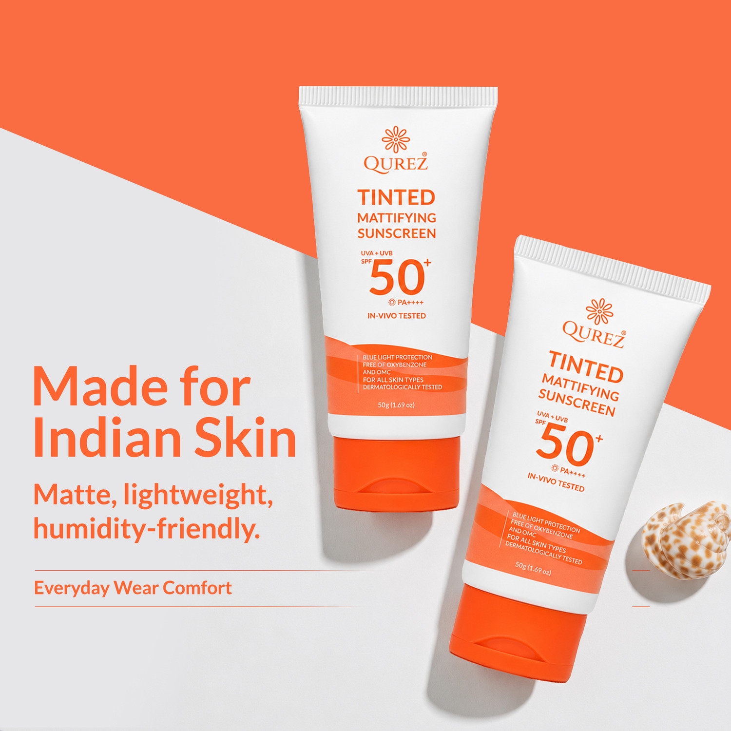 Image of Qurez Sunscreen - SPF 50+ PA++++ Tinted Mattifying Sunscreen Light Glow Shade . Broad-Spectrum Sun Defence (50 g)