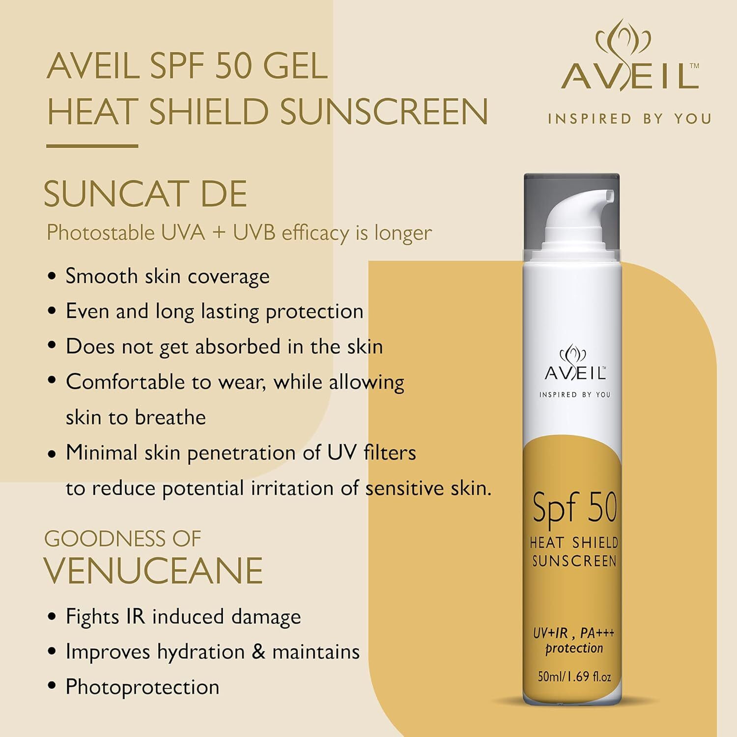 Image of Aveil Sunscreen - SPF 50 PA+++ SPF 50 Gel with Heat Shield