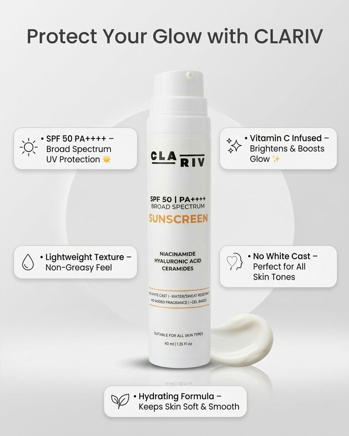 Image of CLARIV Sunscreen - SPF 50 PA++++ SPF 50 Sunscreen for Face & Body Broad Spectrum Sun Protection