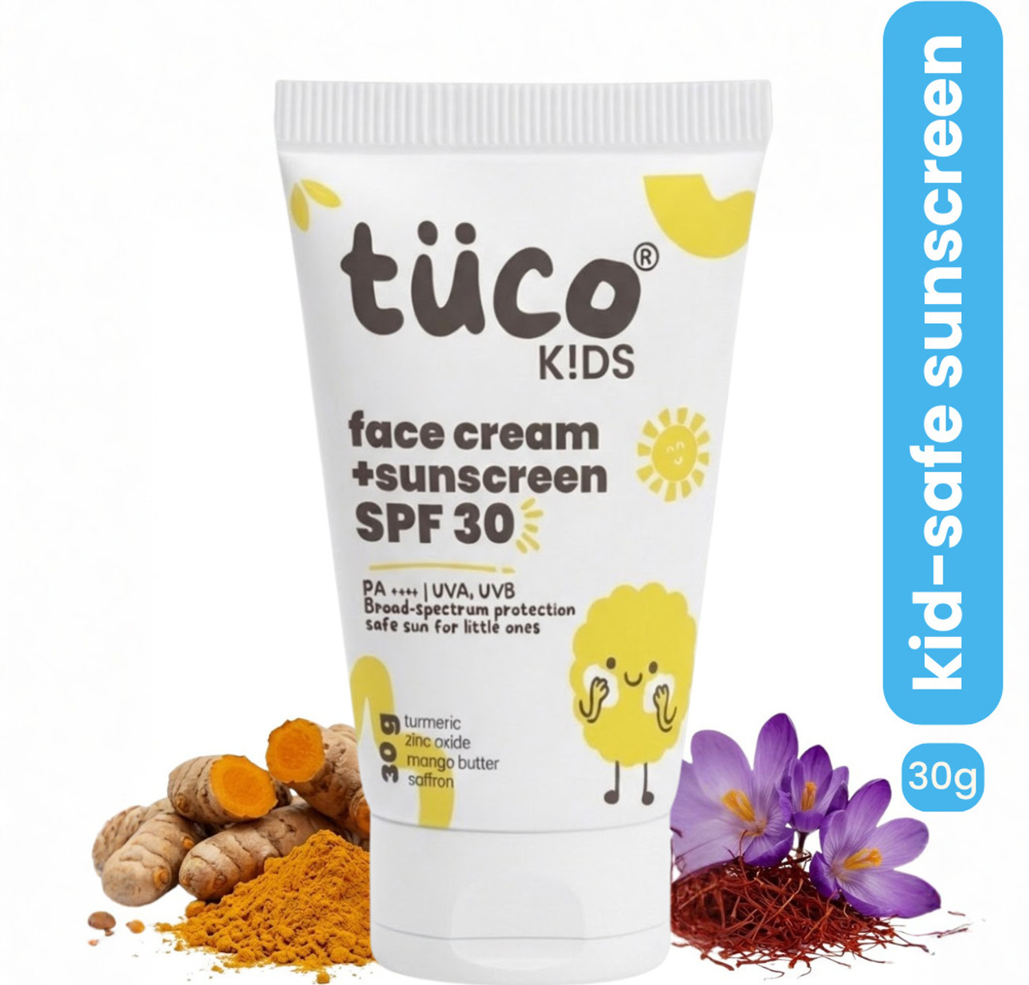Image of TuCo Sunscreen - SPF 30 PA++++ Kids Sunscreen SPF 30 PA++++ Saffron Face Cream and Sunscreen Broad Spectrum UV