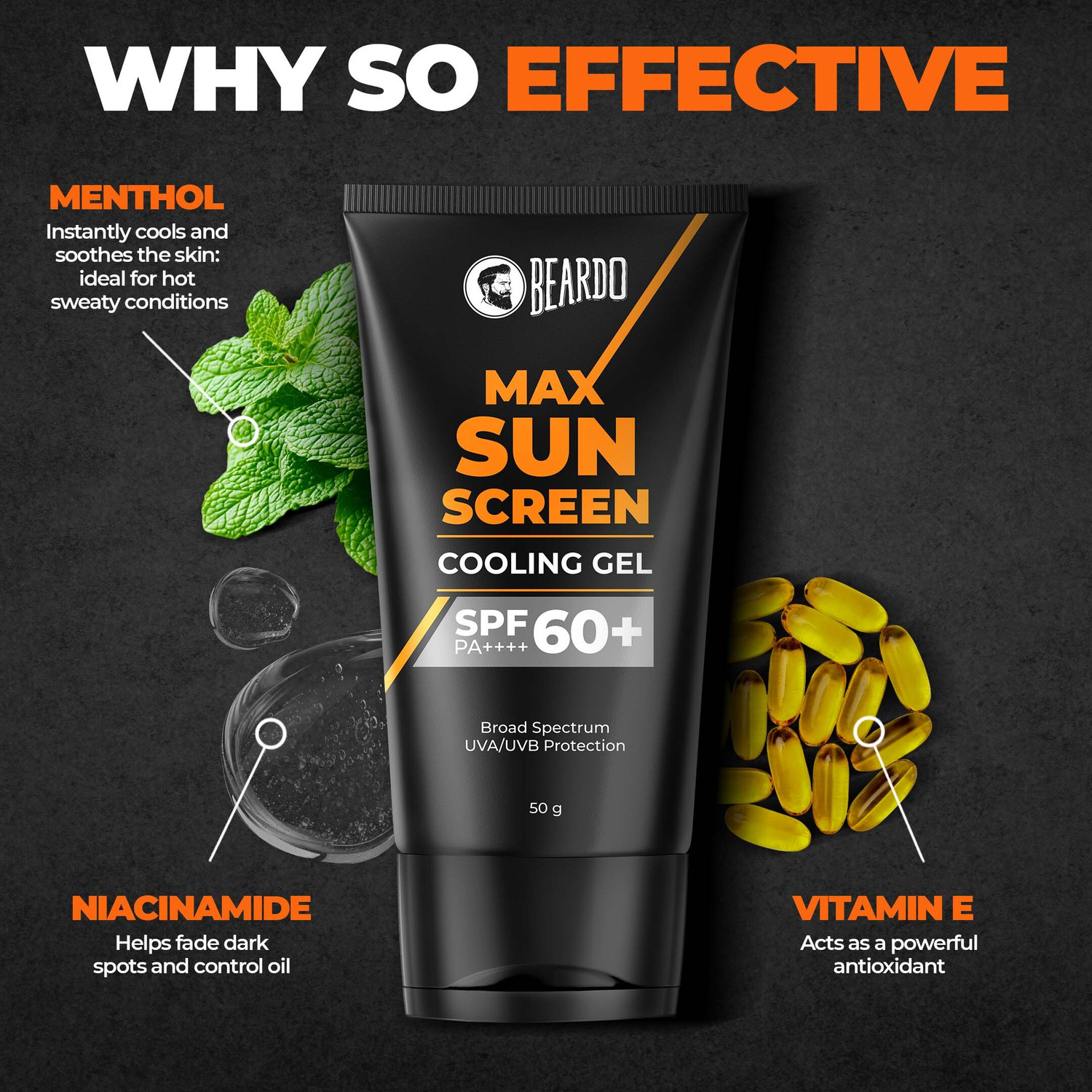 Image of BEARDO Sunscreen - SPF 60 PA++++ Men UG Face Wash & Max Sunscreen Cooling Gel SPF 60 Combo | White Lily & Menthol