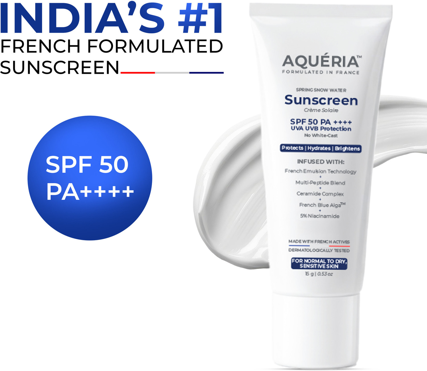 Image of Aqueria Sunscreen - SPF 50 PA++++ Brightening & Hydrating French Multi-Active SPF | Niacinamide, Tranexamic Acid