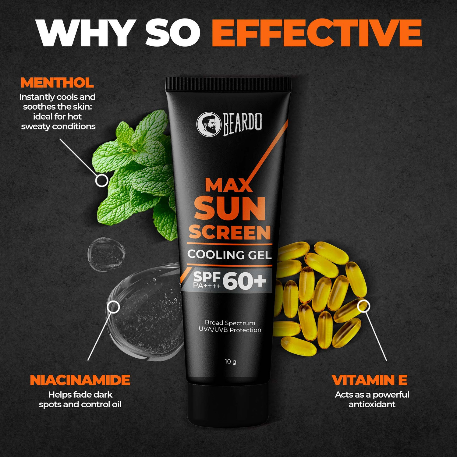 Image of BEARDO Sunscreen - SPF 60 PA++++ Max Sunscreen Cooling Gel For Men|Broad Spectrum UVA /UVB Protection Brightening