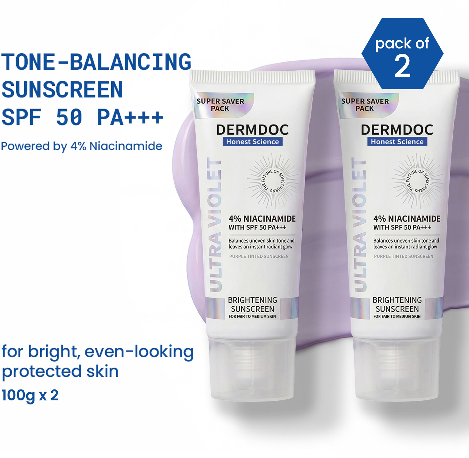Image of DermDoc Sunscreen - SPF 50 PA+++ Ultra Violet Purple Brightening Sunscreen with 4% Niacinamide