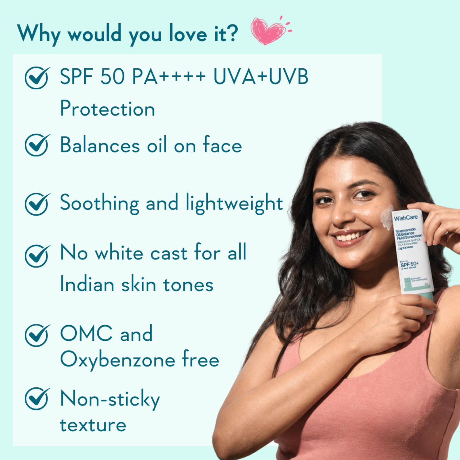 Image of WishCare Sunscreen - SPF 50 PA +++++ PA++++ Niacinamide Oil Balance Fluid Sunscreen SPF 50 PA++++ | Matte Sunscreen | 80ml