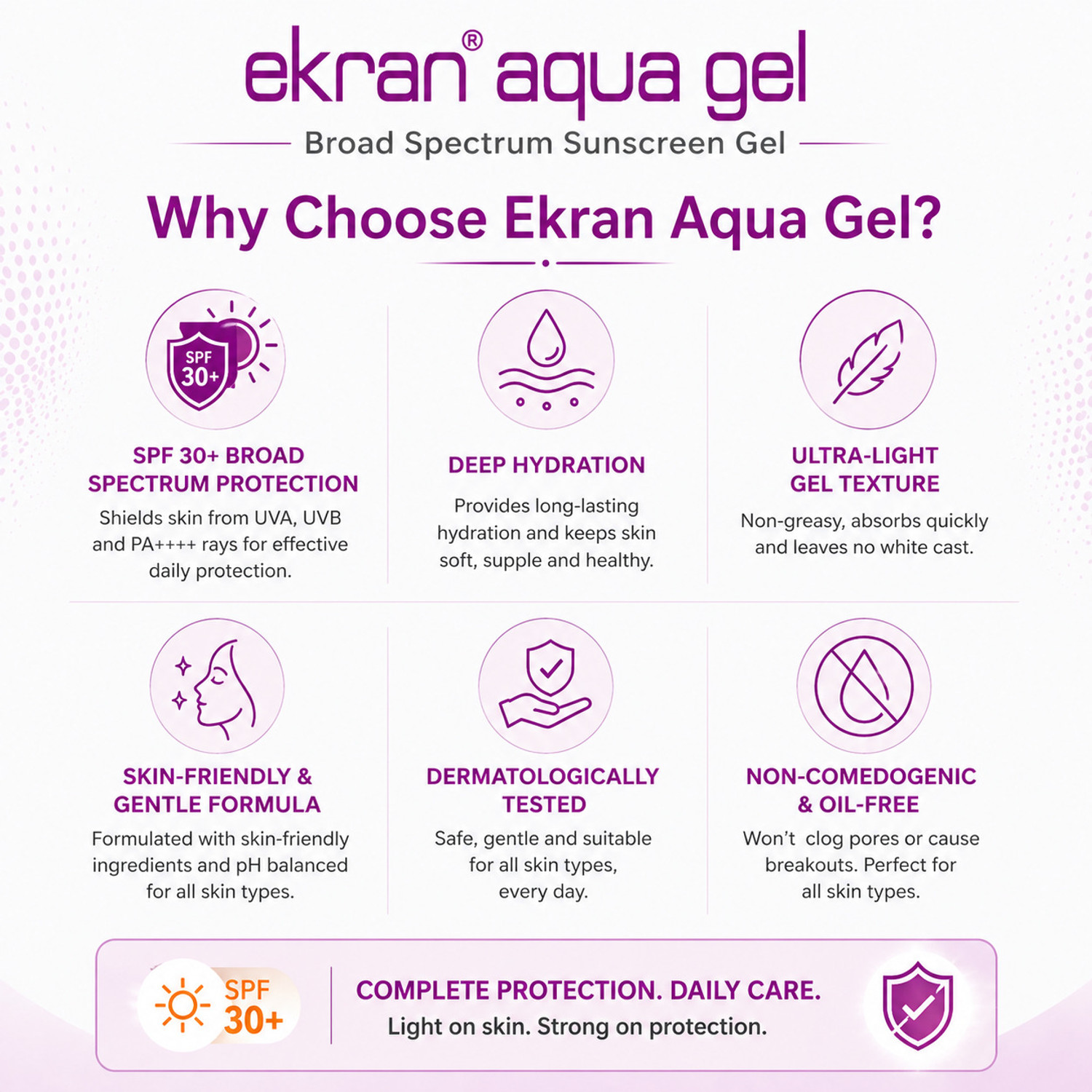 Image of Ekran Aqua Sunscreen - SPF 30 PA+++ Daily Protection Sunscreen Gel Non Greasy Lightweight Hydrating Formula (50 g)
