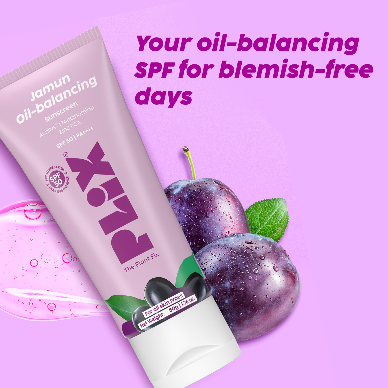 Image of The Plant Fix Plix Sunscreen - SPF 50 PA++++ Jamun Oil-Balancing Gel Sunscreen With SPF 50, Non-Greasy Sun Protection