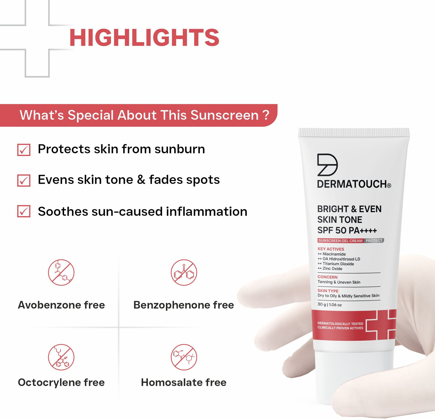 Image of Dermatouch Sunscreen - SPF 50 PA++++ Bright & Even Skin Tone Sunscreen Gel Cream for Tanning & Uneven Skin Tone