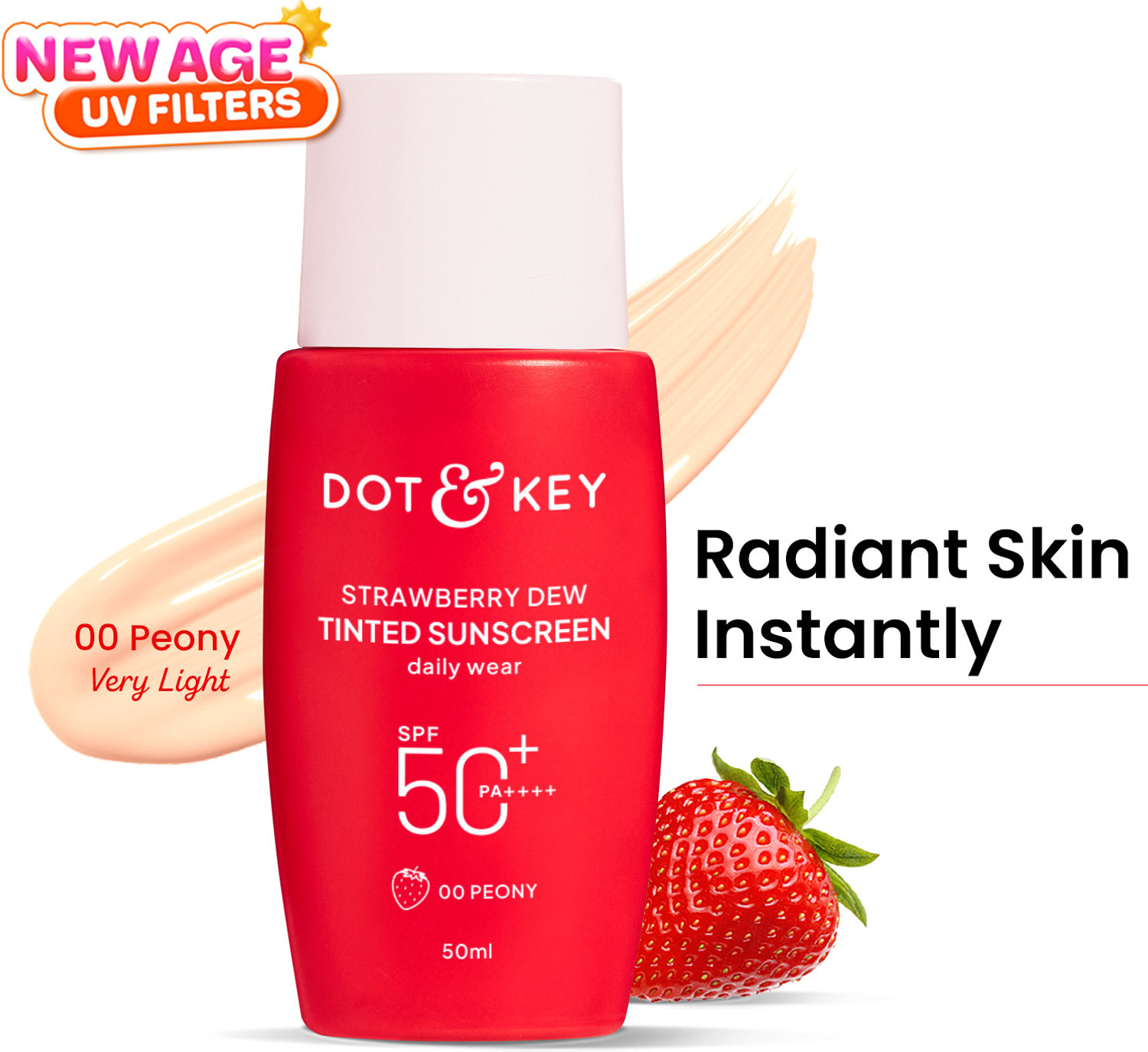 Image of Dot & Key Sunscreen - SPF 50 PA++++ Strawberry Dew Tinted, In-Vivo Tested, Peony, for Daily Wear, Brightens Skin