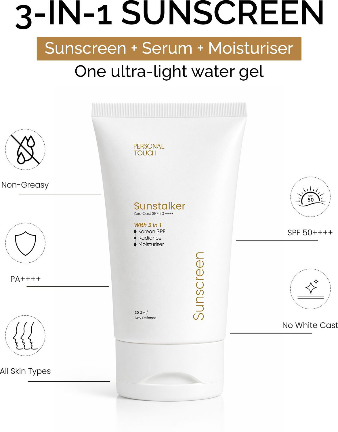 Image of PERSONAL TOUCH SKINCARE Sunscreen - SPF 50 PA+++ Sunstalker 3 in 1 Sunscreen SPF 50 PA+++Lightweight Sunscreen for Women & Men