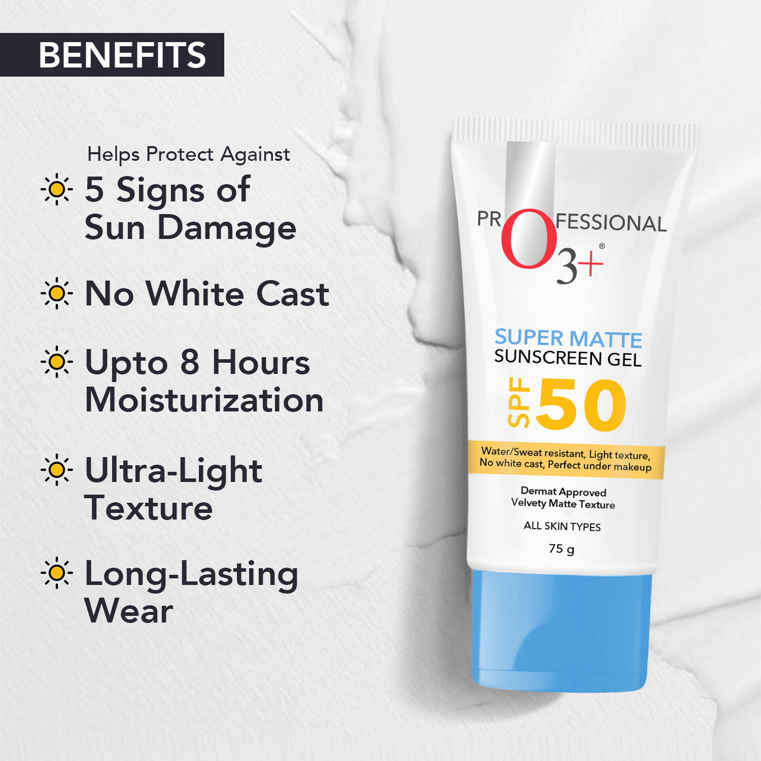 Image of O3+ Sunscreen - SPF 50 Super Matte Sunscreen gel SPF 50 For All skin types, 75g