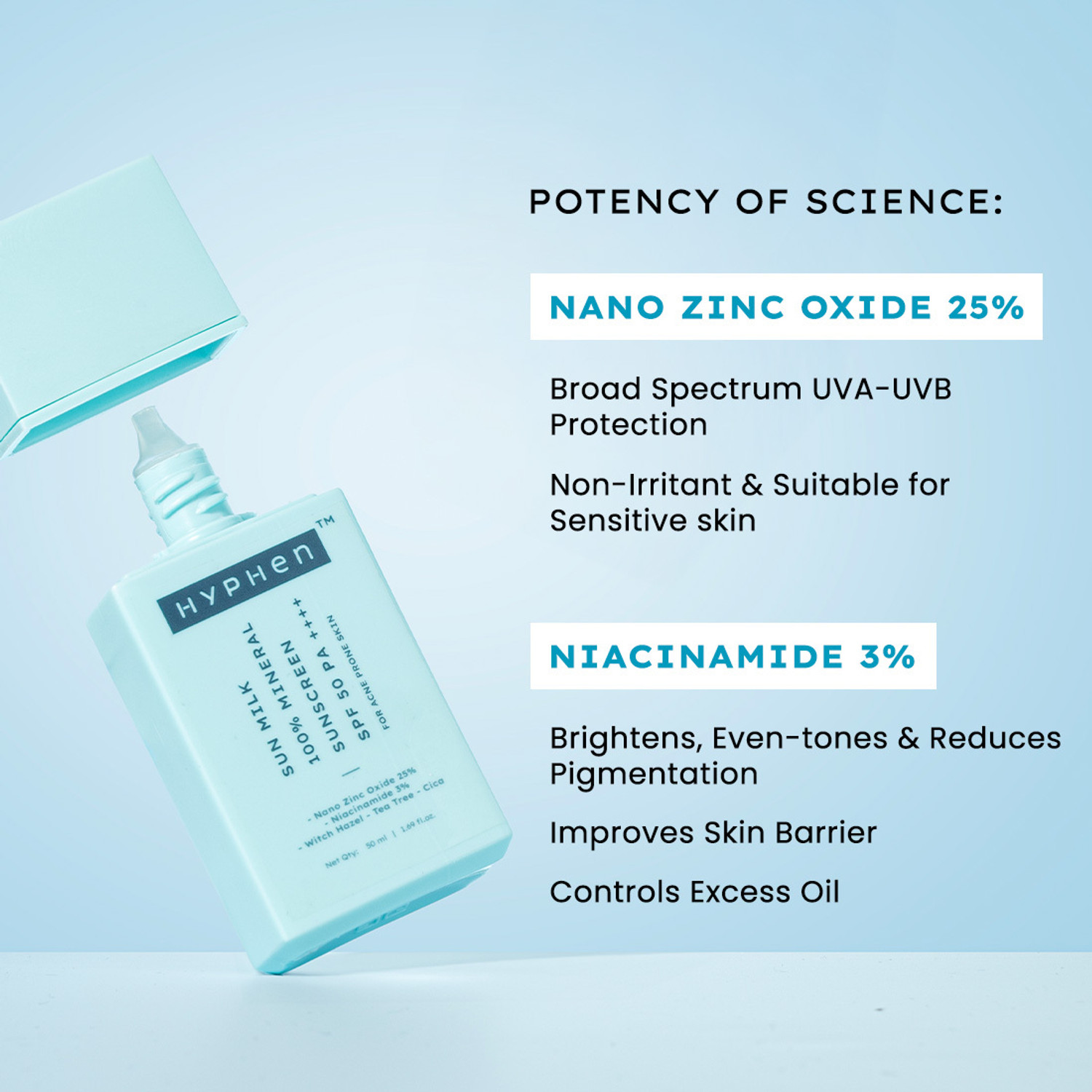 Image of HYPHEN Sunscreen - SPF 50 PA++++ Sun Milk 100% Mineral UV+ Bluelight Protection| Sensitive, Acne-Prone, Oily Skin