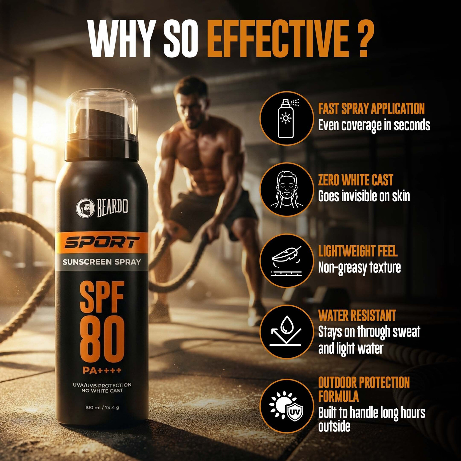Image of BEARDO Sunscreen - SPF 80 PA++++ Sport Sunscreen Spray For Men UVA UVB Protection No White Cast Easy Application