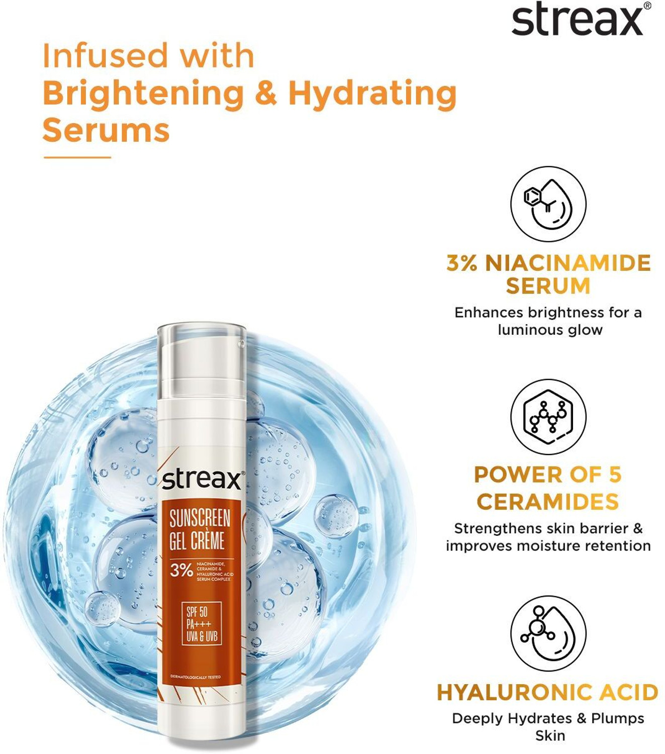 Image of Streax Sunscreen - SPF 50 PA+++ Sunscreen Gel Crme SPF 50 PA+++, 50g | 3% Niacinamide | Non-Oily