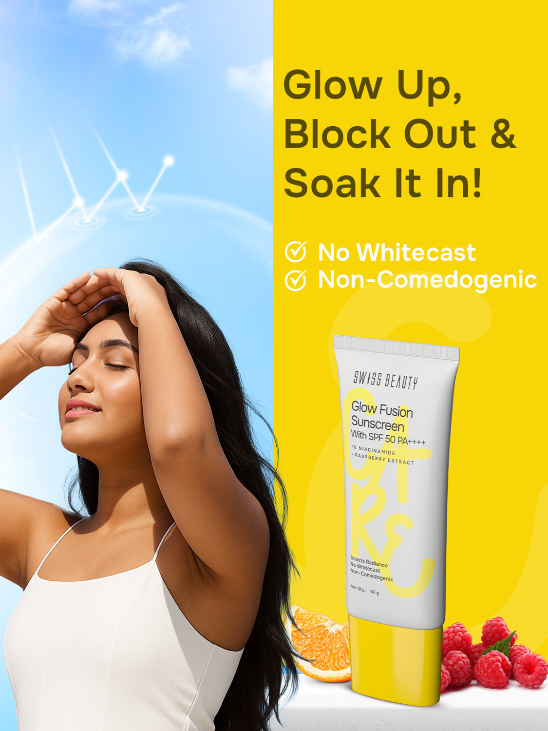 Image of SWISS BEAUTY Sunscreen - SPF 50 PA++++ Glow Fusion Sunscreen SPF 50 PA++++ - 1% Niacinamide & Raspberry Extract 50gm
