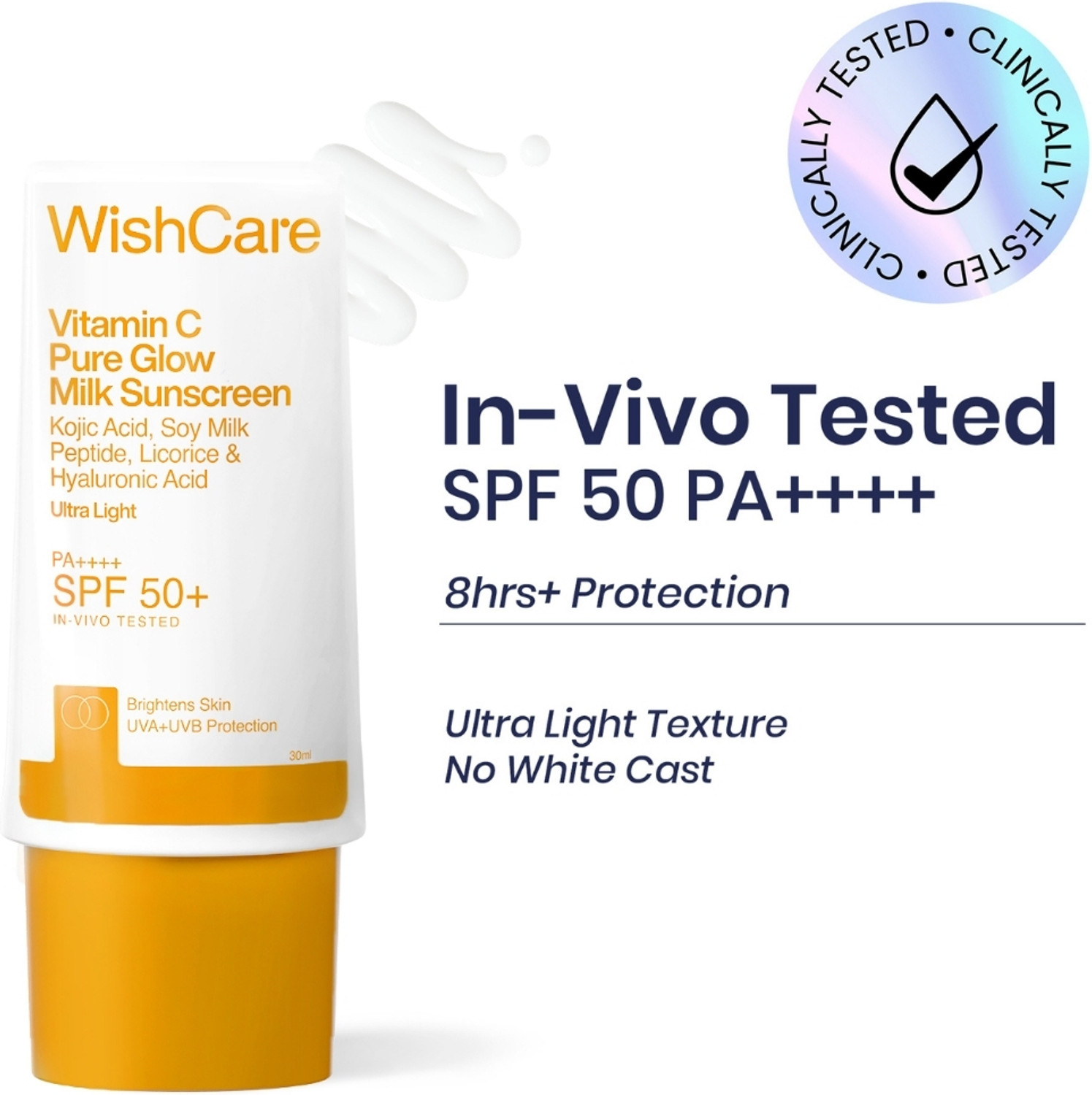 Image of WishCare Sunscreen - SPF 50+ PA++++ Vitamin C Pure Glow Milk Sunscreen|In-Vivo Tested|For Men & Women|No White Cast