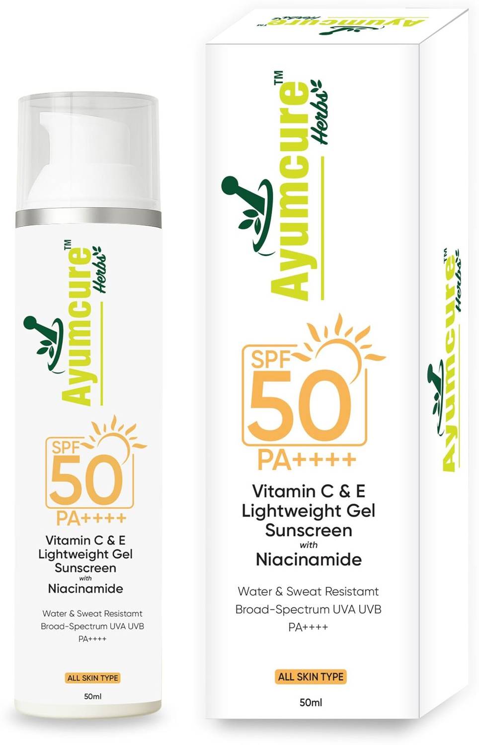 Ayumcure Sunscreen - SPF 50+++ & PA++++ | (Vitamin C + E Gel) Sunscreen with Niacinamide | Water-Resistant